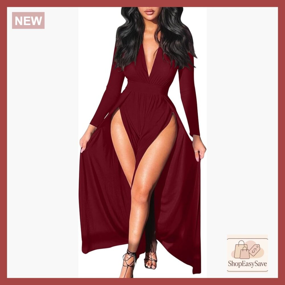 Sexy Plunge V Neck Long Sleeve Bodycon Maxi Dress with Double High Split